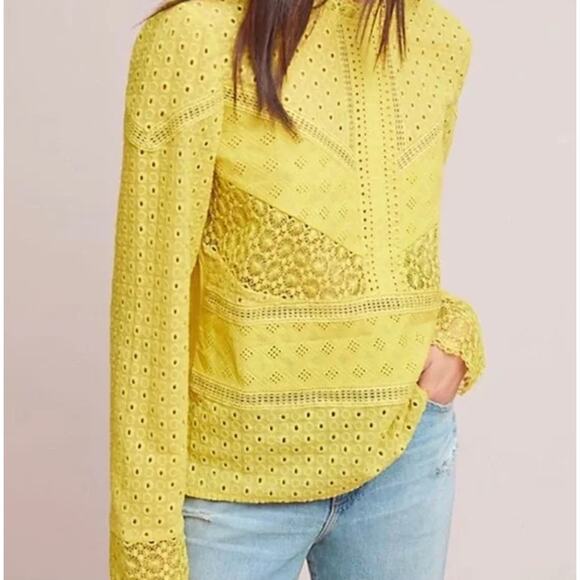 Anthropologie James Coviello Burnham Eyelet Lace Top Yellow Size Small - Picture 2 of 13